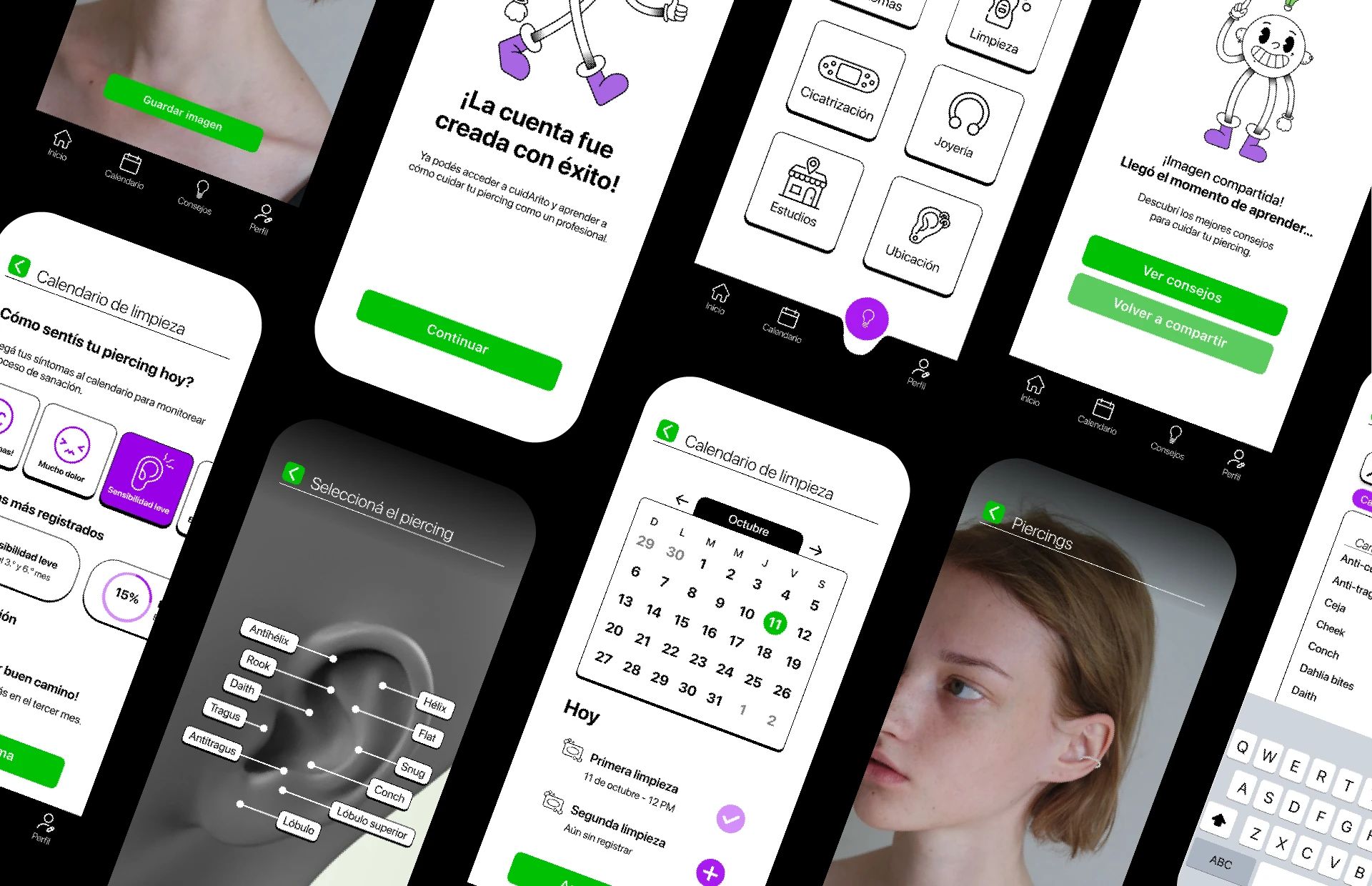 Interfaz de la aplicación Cuidarito con pantallas para visualizar piercings, consultar cuidados y organizar limpiezas.