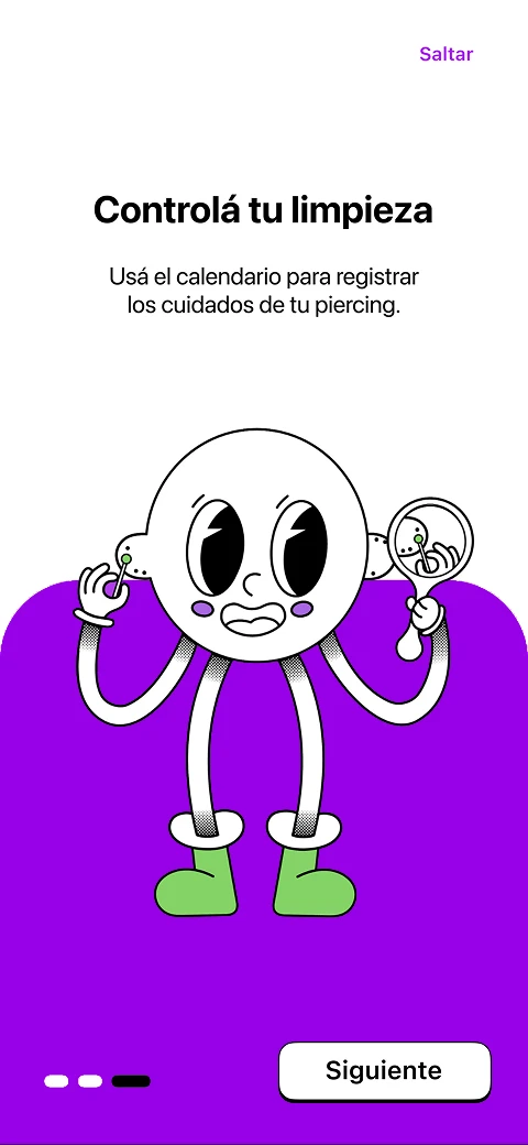 Pantalla de onboarding de Cuidarito para controlar la limpieza y el cuidado de un piercing