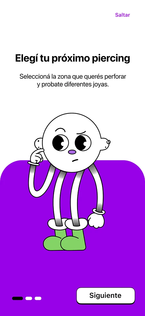 Pantalla de onboarding de Cuidarito para elegir el próximo piercing y visualizar cómo podría lucir