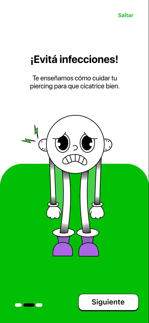Pantalla de onboarding de Cuidarito con consejos para prevenir infecciones y cuidar un piercing
