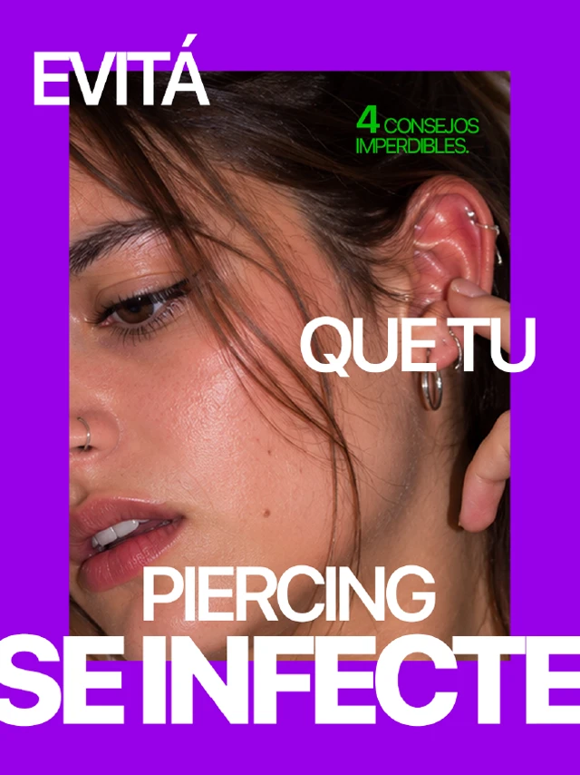 Posteo de CuidArito con consejos para evitar infecciones en piercings, acompañado por una fotografía de una persona con un piercing.