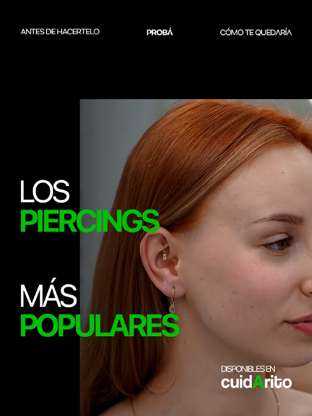 Posteo de CuidArito sobre los piercings más populares, con una fotografía de una mujer mostrando sus piercings de oreja.