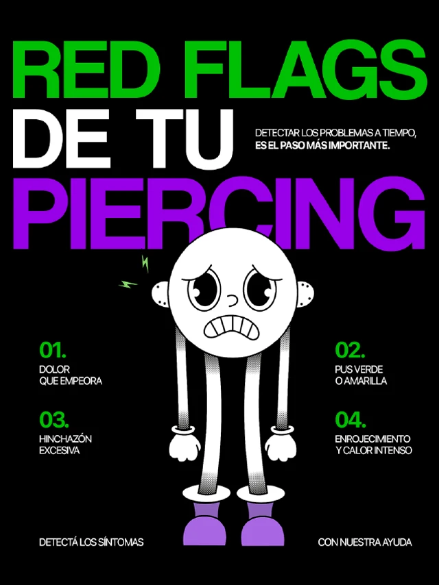 Posteo de CuidArito sobre señales de alerta en un piercing, con ilustración de un personaje preocupado.