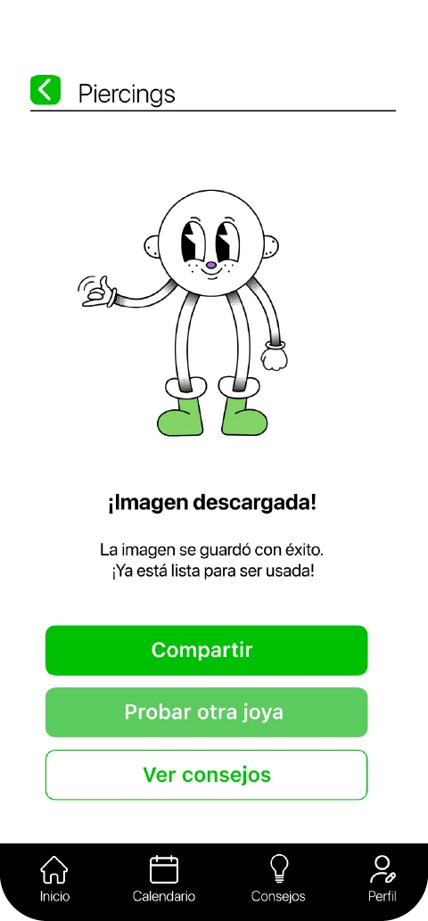 Pantalla de Cuidarito con el resultado de la visualización del piercing y opciones para compartir, probar otra joya o consultar consejos.