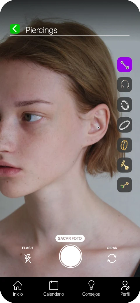 Pantalla de Cuidarito que permite probar y visualizar cómo luciría un piercing antes de realizarlo.
