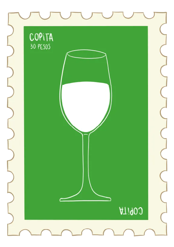 Estampilla gráfica decorativa con ilustración de una copa de vino, parte de la identidad visual de Güerrín.