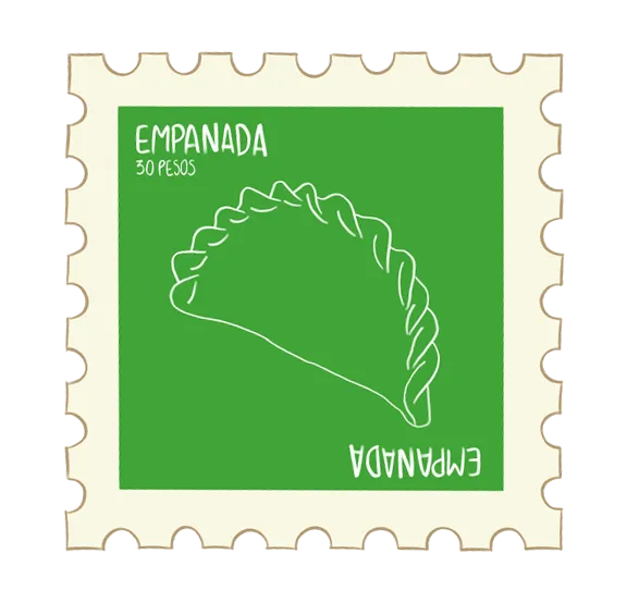 Estampilla gráfica decorativa con ilustración de una empanada, parte de la identidad visual de Güerrín.
