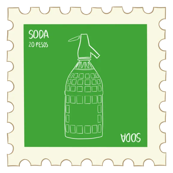 Estampilla gráfica decorativa en verde con ilustración de una botella de soda, parte de la identidad visual de Güerrín.