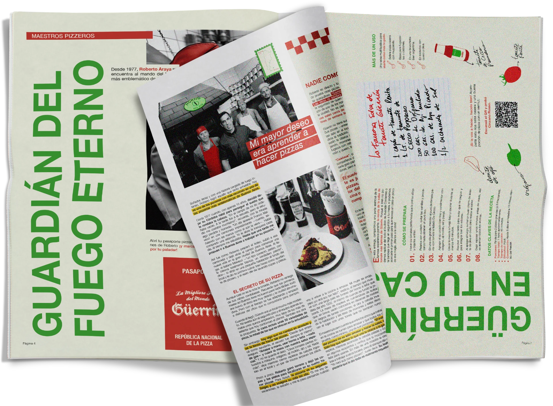 Composición editorial del suplemento Fuego Eterno de Güerrín, con páginas interiores y titulares sobre la pizzería.