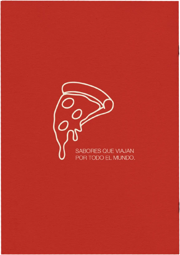 Contraportada roja del Pasaporte Güerrín con una ilustración de una porción de pizza.