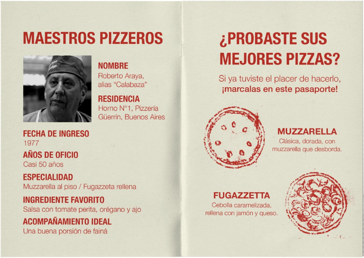  Doble página del Pasaporte Güerrín con información sobre maestros pizzeros y variedades de pizza.