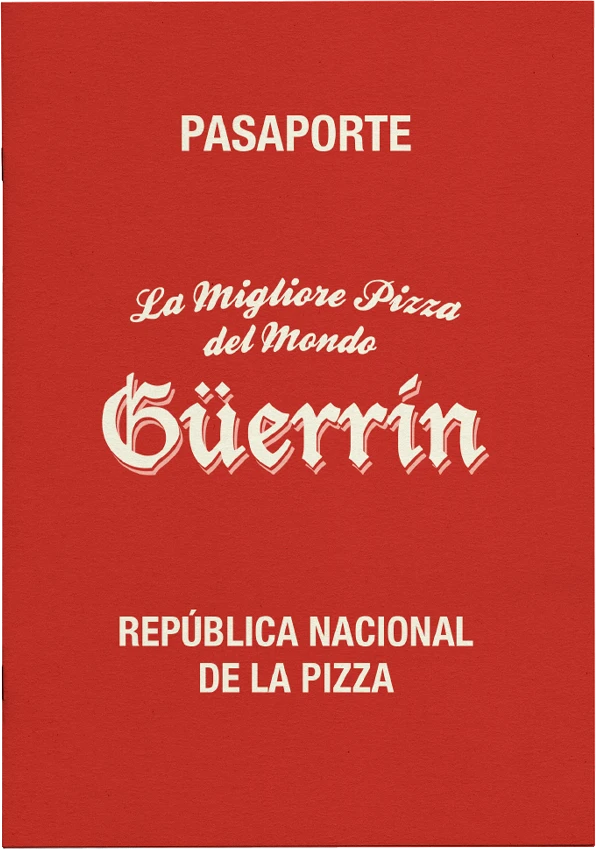Portada roja del Pasaporte Güerrín, suplemento dedicado a la cultura de la pizza.