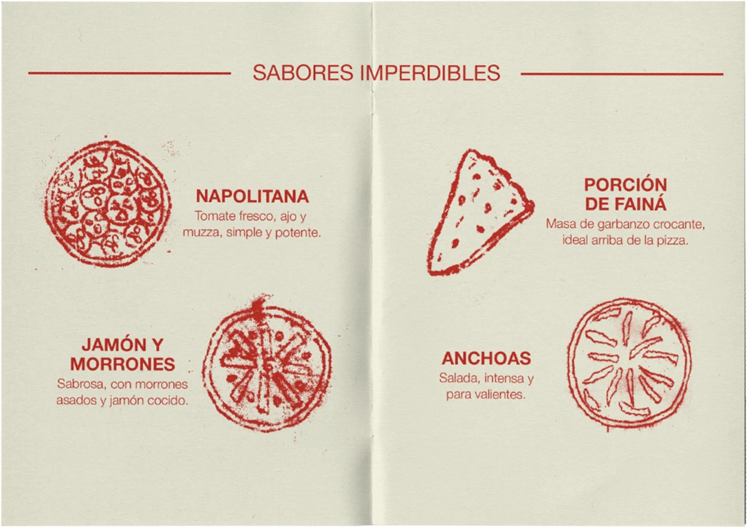 Doble página del suplemento con ilustraciones y una selección de sabores de pizza.