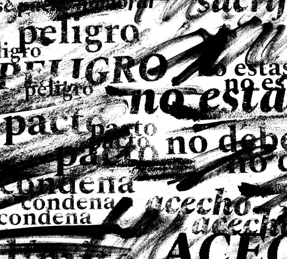 Ilustración en blanco y negro con manos, trazos y fragmentos tipográficos, utilizada en el libro editorial Lo que habita en lo oculto.