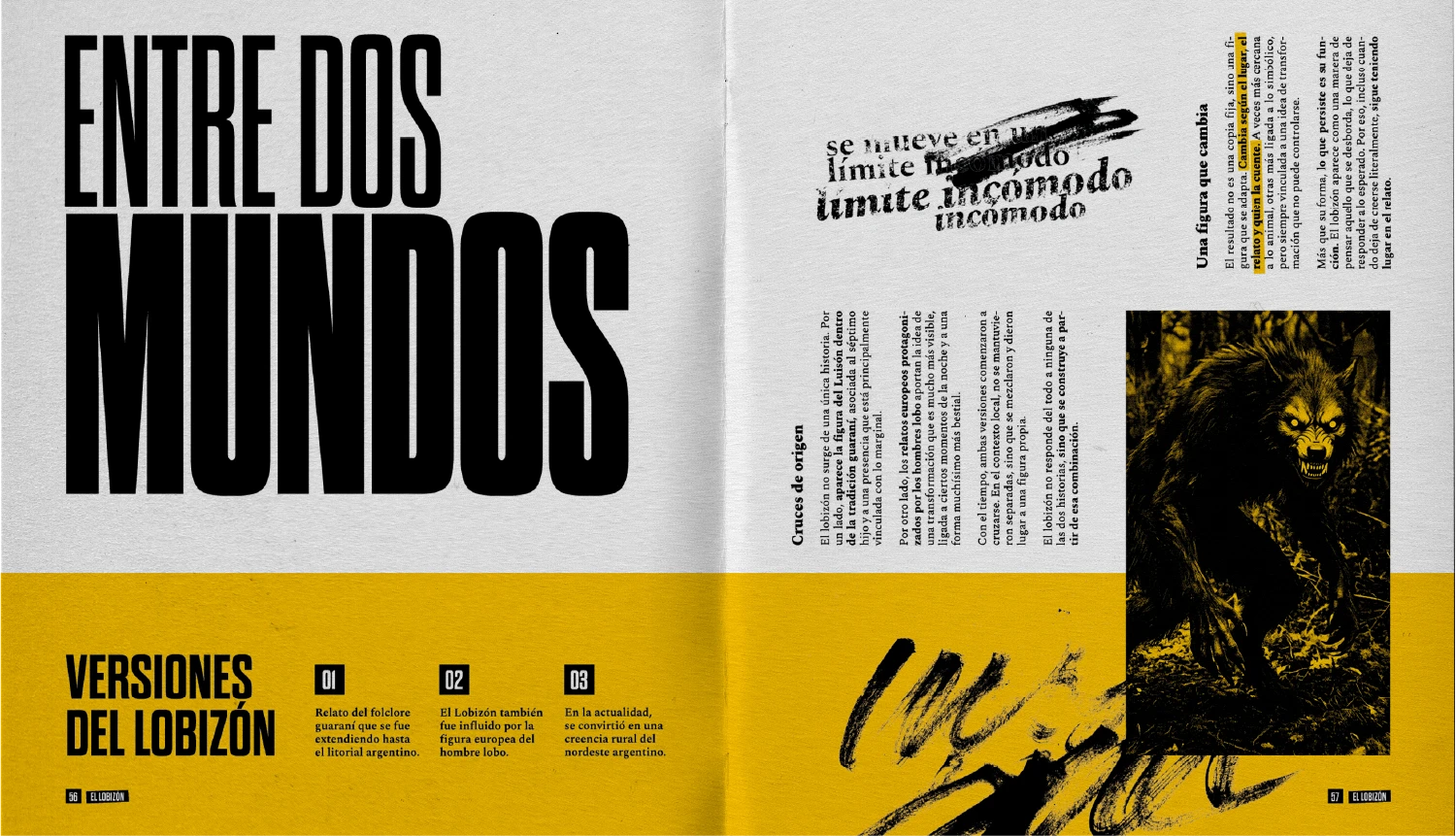 Doble página interior del libro Lo que habita en lo oculto sobre el Lobizón, con el título Entre dos mundos, textos editoriales e ilustración de la criatura.