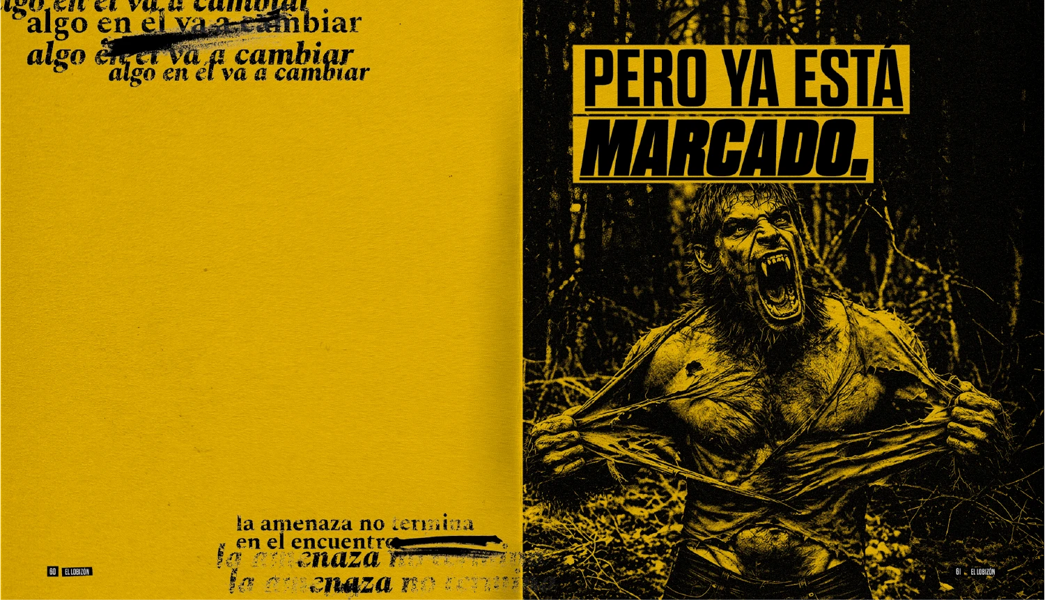 Vista interior del libro Lo que habita en lo oculto con una ilustración del Lobizón entre ramas y vegetación, acompañada por el texto de la leyenda.