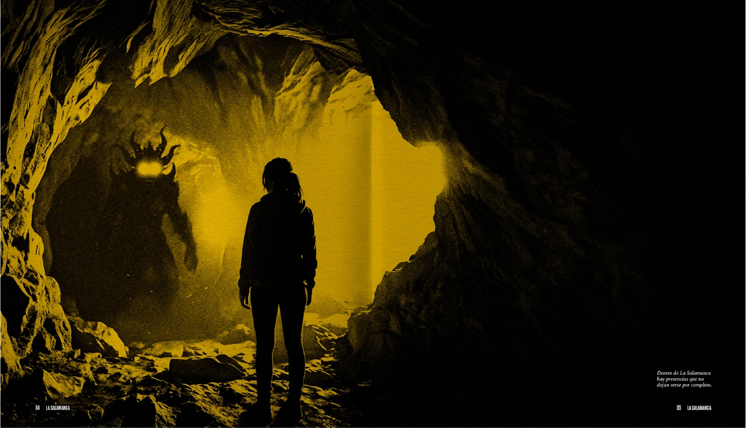 Doble página interior del libro Lo que habita en lo oculto con una figura humana frente a una criatura en una cueva, inspirada en la leyenda de La Salamanca.
