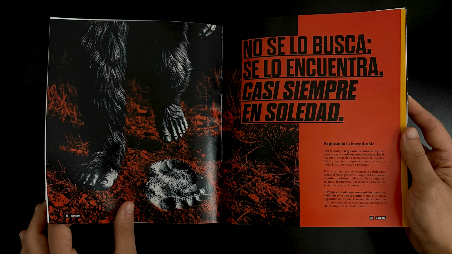 Doble página del libro Lo que habita en lo oculto con una ilustración del Ucumar y una composición editorial en tonos negros y rojos.