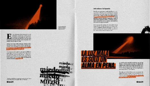 Doble página editorial dedicada a La Luz Mala, con texto e ilustración sobre esta leyenda popular argentina.