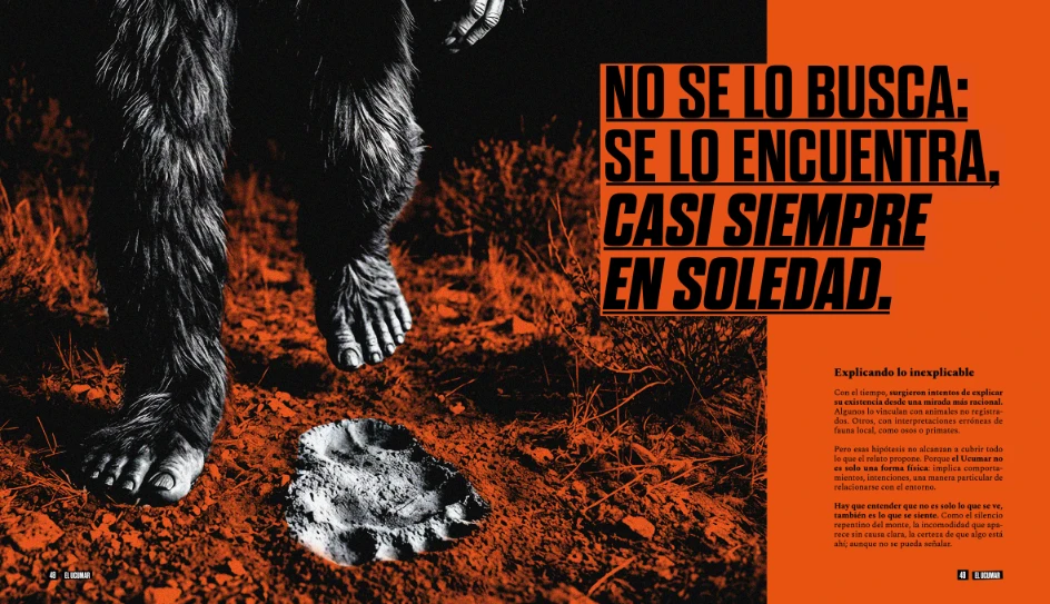 Interior del libro editorial Lo que habita en lo oculto con ilustración del Ucumar, criatura del imaginario popular del Norte Argentino.