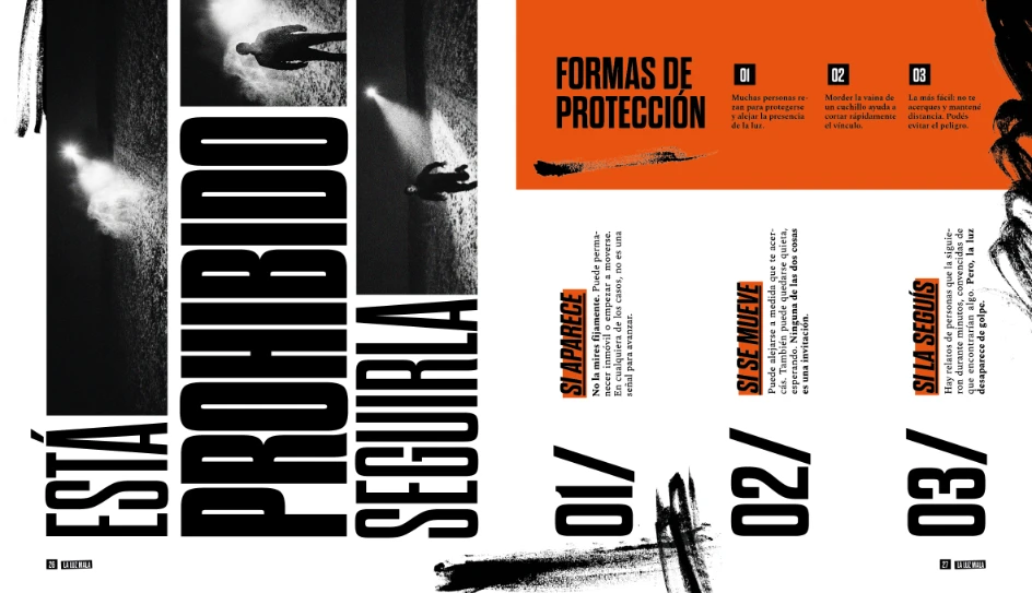 Interior del libro editorial Lo que habita en lo oculto con ilustración y composición sobre la leyenda argentina de La Luz Mala.
