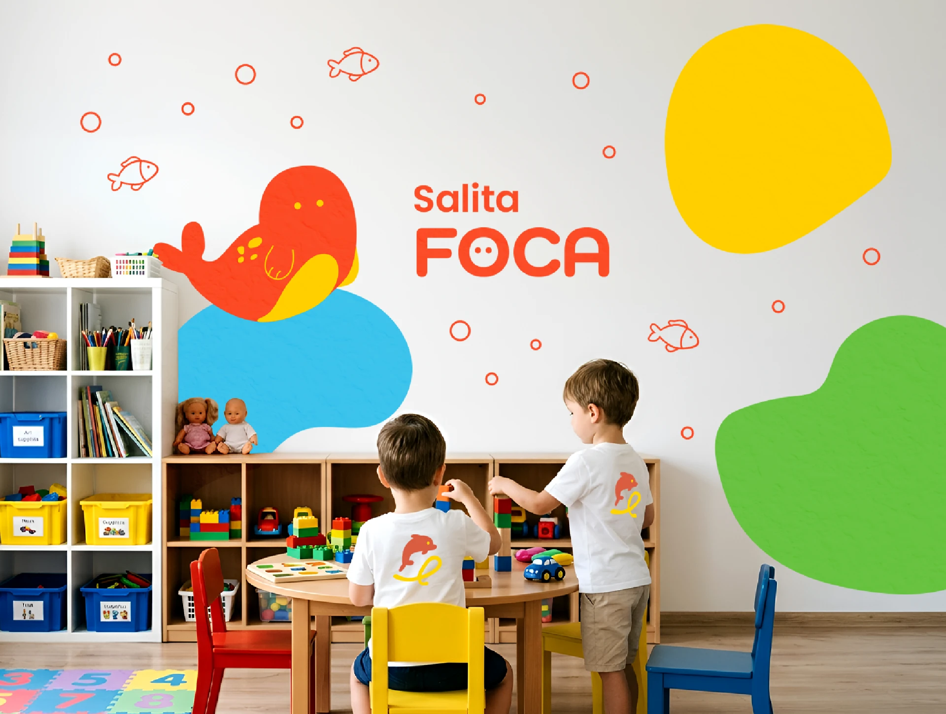 Aplicación de la identidad visual de El Jardín del Delfín en un espacio infantil con formas orgánicas de colores y niños realizando actividades.