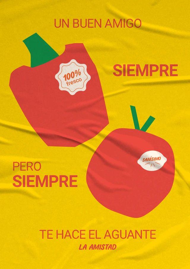 Afiche de La Amistad, verdulería, con ilustraciones de frutas y el concepto de amistad y acompañamiento, pegado en una pared de la vía pública.