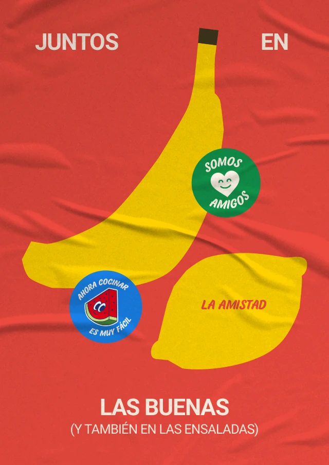 Afiche publicitario de La Amistad, verdulería, con ilustraciones de frutas y verduras y el concepto “Las buenas”, pegado en una pared.