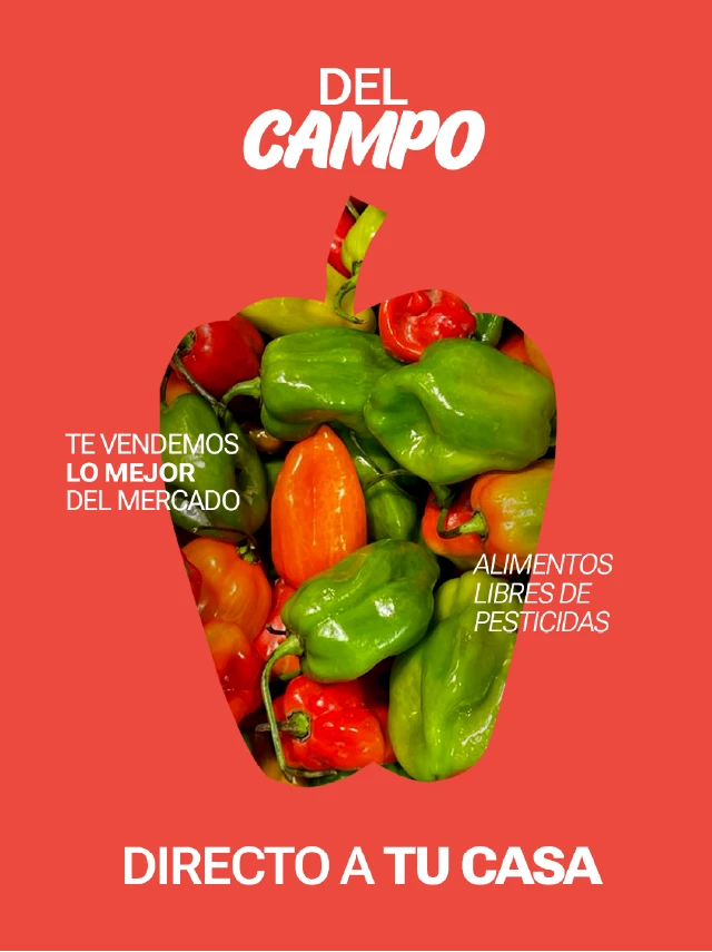 Pieza gráfica de La Amistad con pimientos frescos y el mensaje “Del campo, directo a tu casa”, sobre un fondo rojo