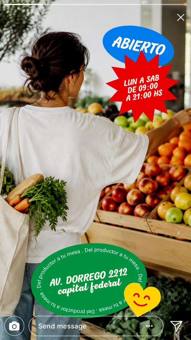 Story de Instagram de La Amistad que comunica su servicio de delivery directo a domicilio junto a una selección de frutas y verduras frescas